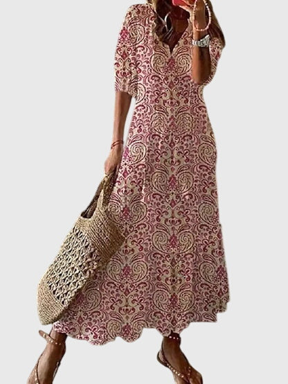 Dames boho maxi jurk met V-hals en vintage print