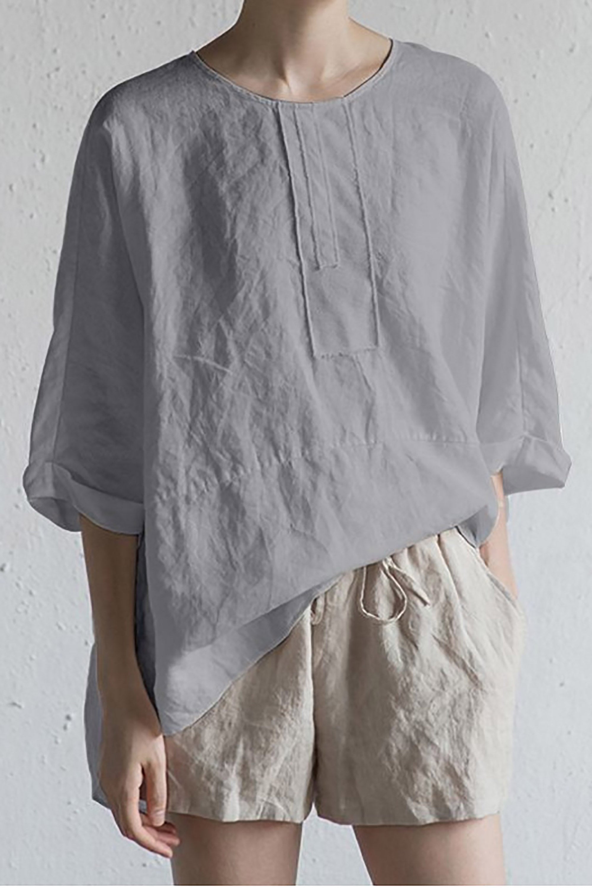 Aurelia - Elegante Japanse Linnen Pullover met Halve Mouwen en Ronde Hals voor een Tijdloze Look
