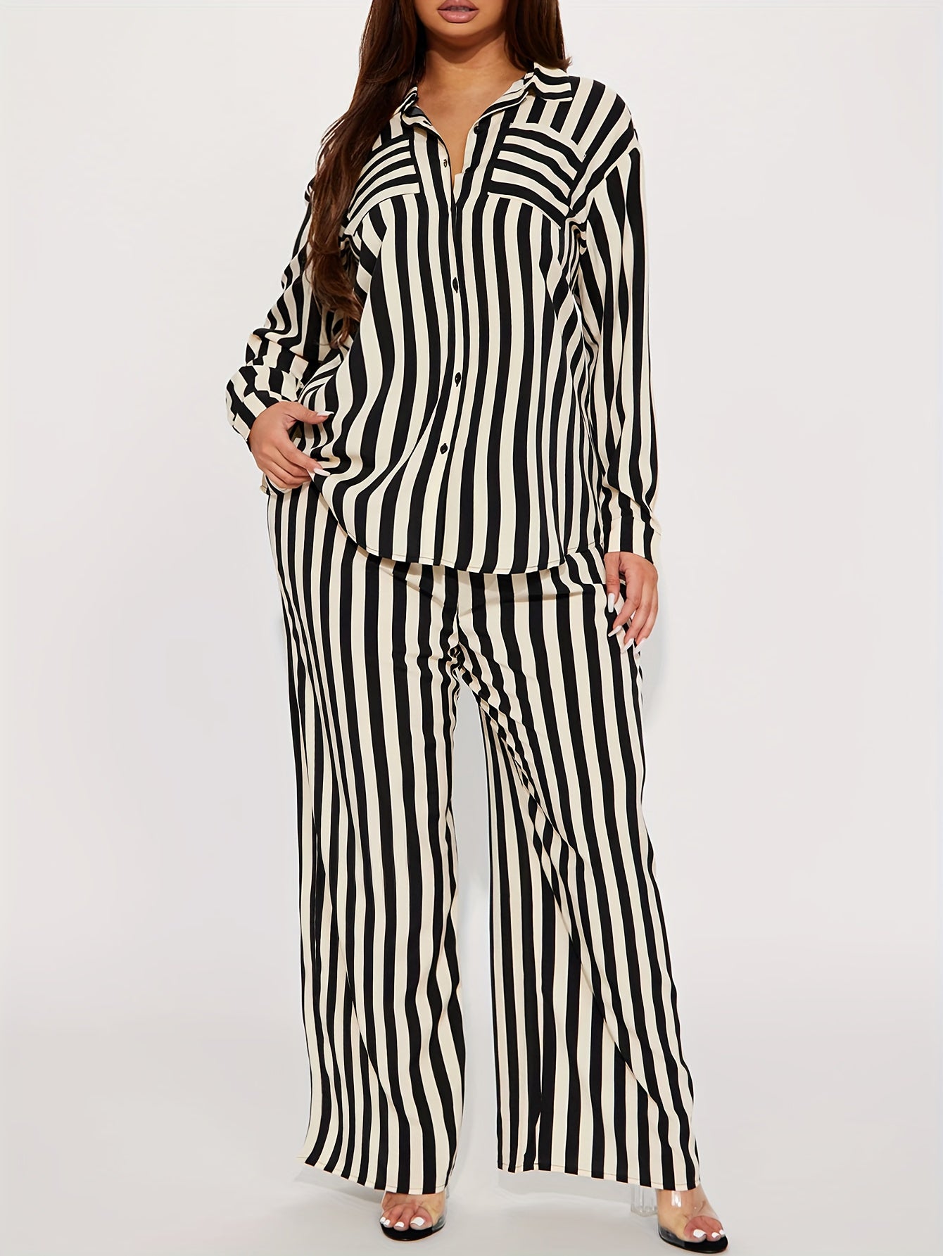 Marcelline Set – Gestreepte Tweedelige Set met Overhemd en Wijde Broek