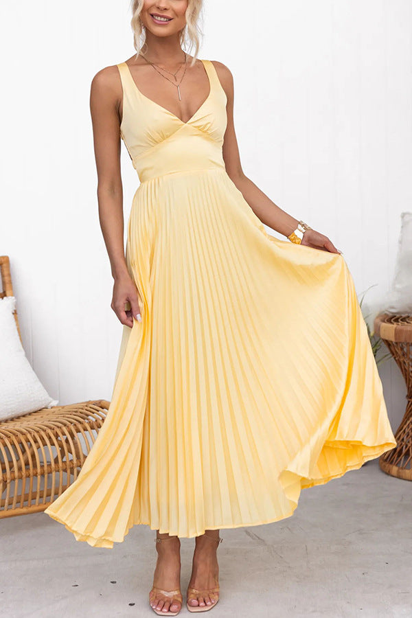 Viviana - Stijlvolle Gele Plissé Maxi Jurk voor Dames - Ideale Zomeroutfit voor Feestelijke en Casual Gelegenheden