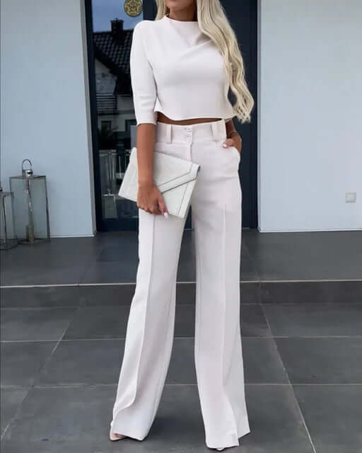 Zeyra Set – Tweedelige Dames Set met Hoge Hals Top en Wijde Pijpen Broek