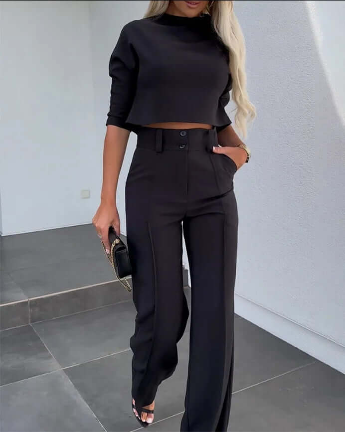 Zeyra Set – Tweedelige Dames Set met Hoge Hals Top en Wijde Pijpen Broek