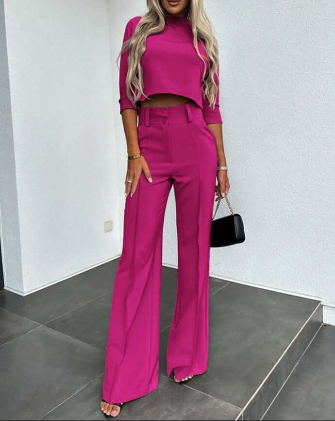 Zeyra Set – Tweedelige Dames Set met Hoge Hals Top en Wijde Pijpen Broek