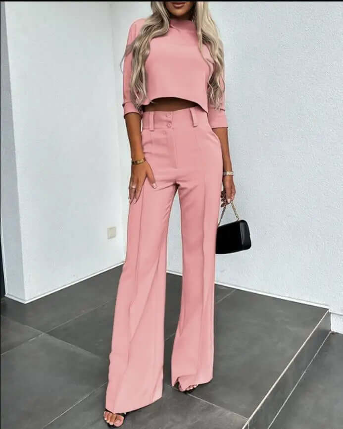 Zeyra Set – Tweedelige Dames Set met Hoge Hals Top en Wijde Pijpen Broek