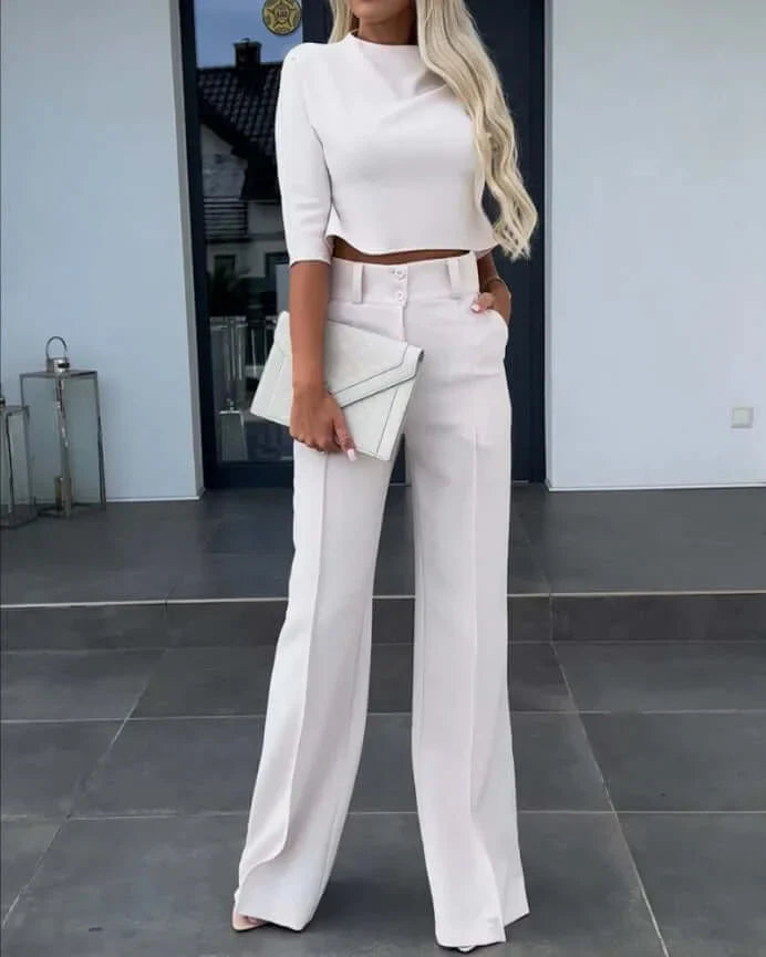 Zeyra Set – Tweedelige Dames Set met Hoge Hals Top en Wijde Pijpen Broek