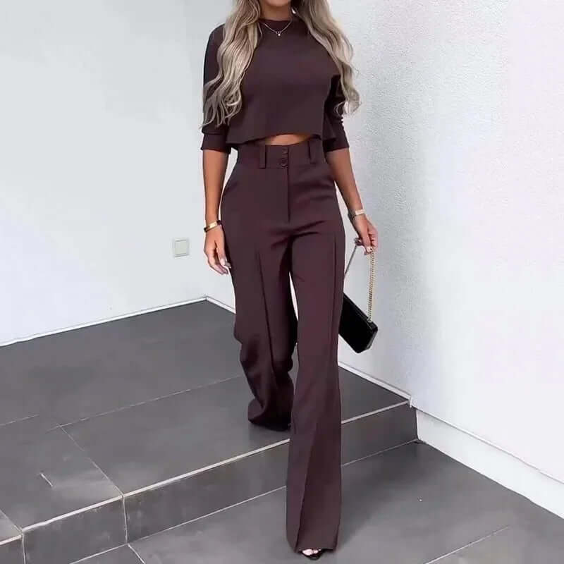 Zeyra Set – Tweedelige Dames Set met Hoge Hals Top en Wijde Pijpen Broek