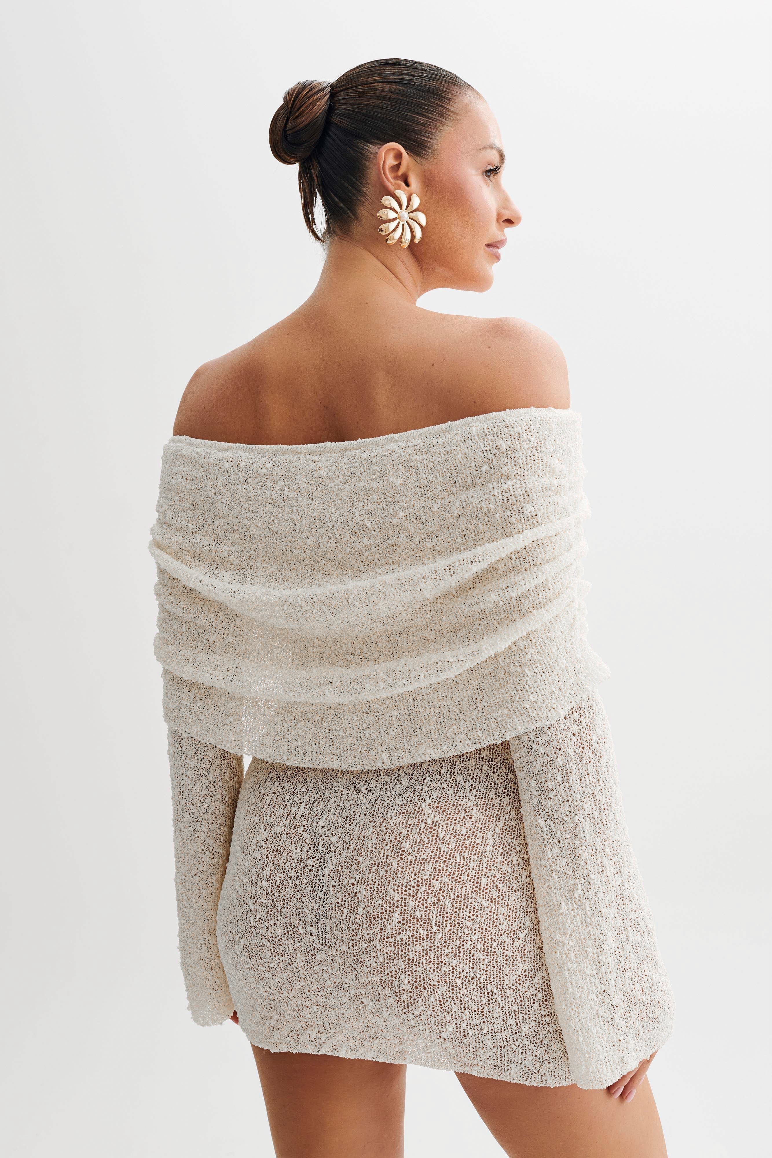 Off-shoulder gebreide mini jurk voor dames – open knit en stijlvol