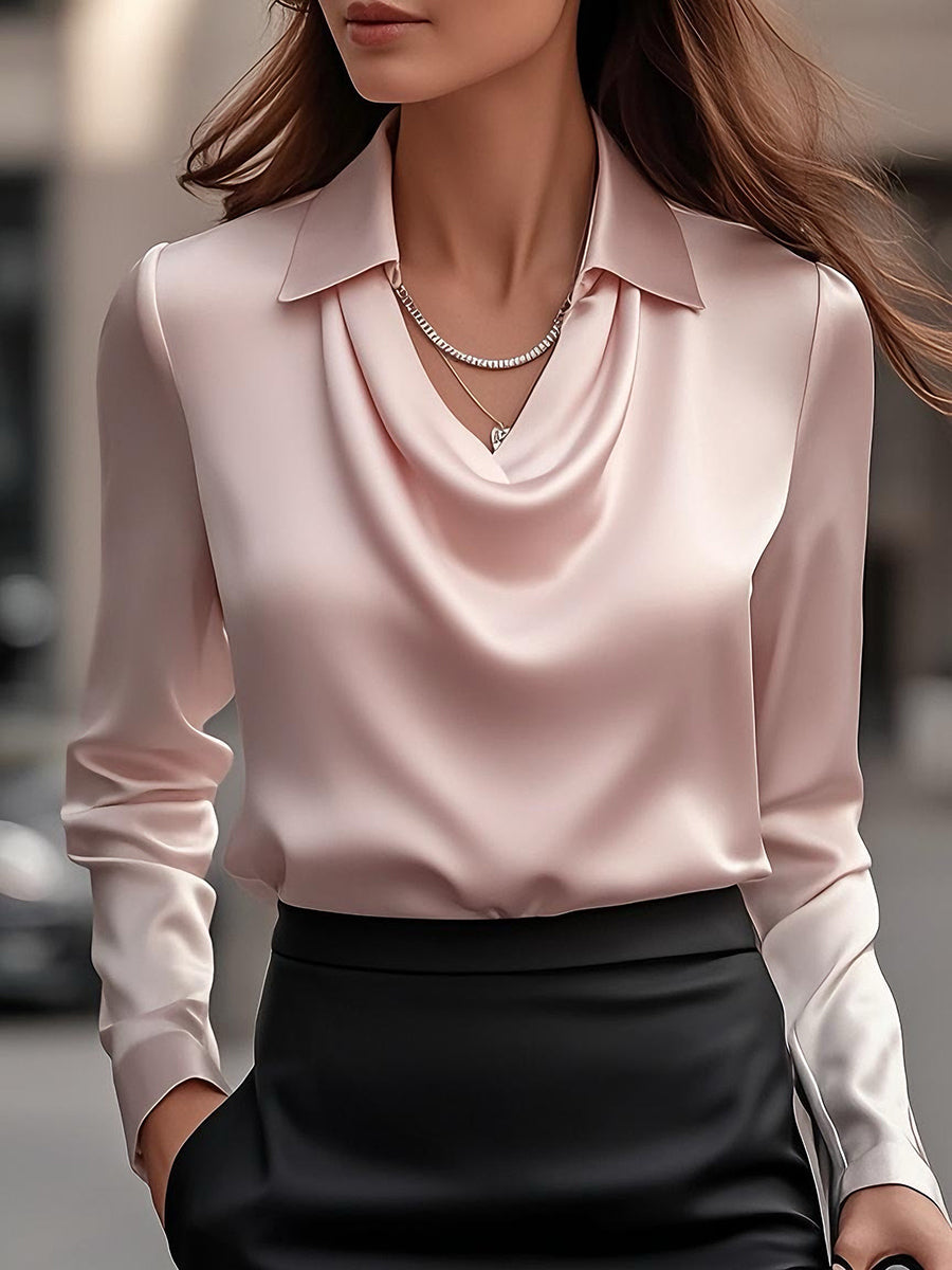 Lunara – Witte satijnen blouse met watervalhals voor dames