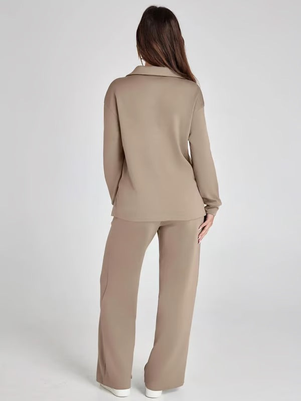 Nerina Set – Dames Tweedelige Lounge Set met V-hals Sweater en Wijde Broek
