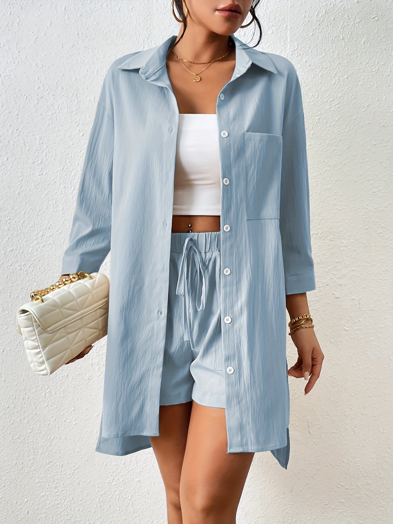Saphina Set – Luchtige Tweedelige Set met Overhemd en Short