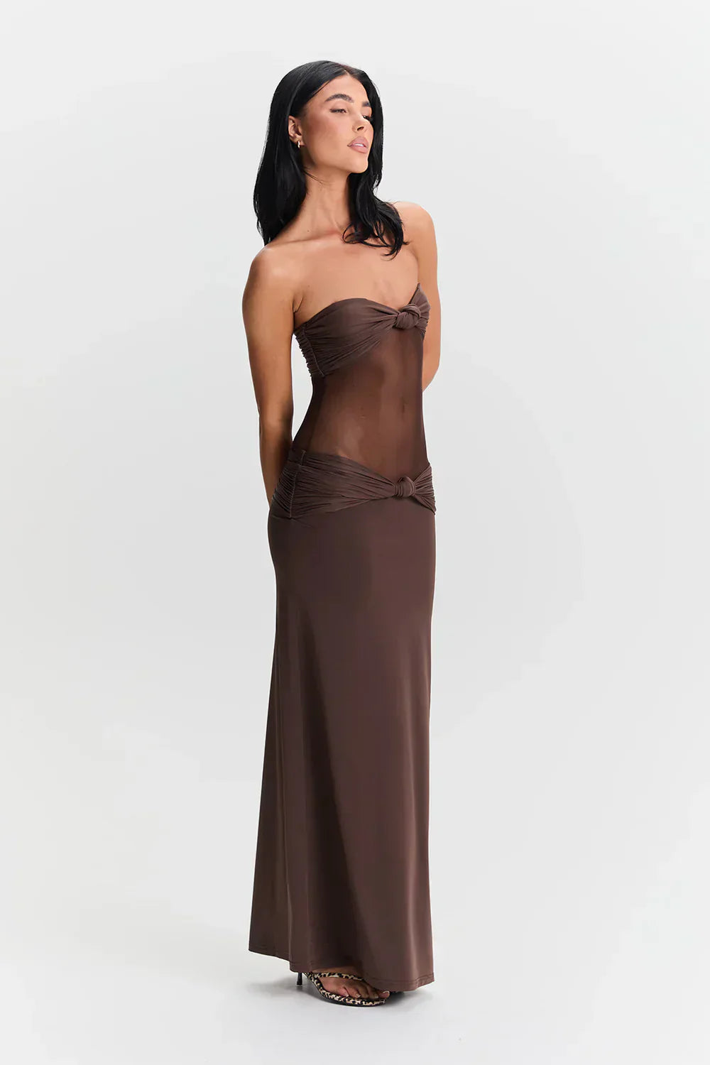 Dames mesh maxi jurk met plooien – 2-in-1 strapless of met bandjes