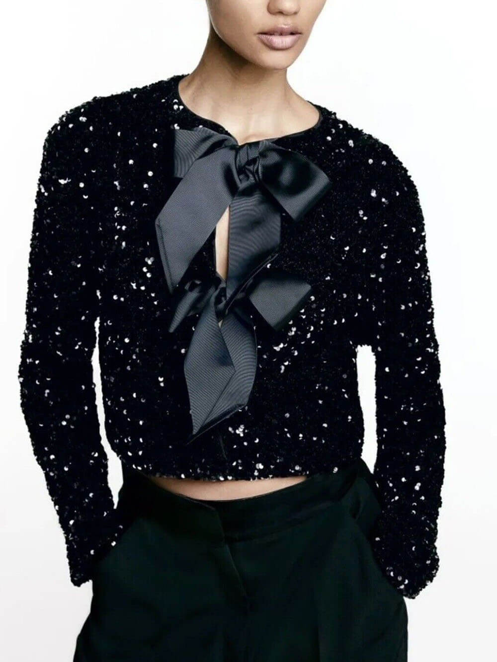 Odette Sequin Jacket – damesjas met pailletten en elegante striksluiting