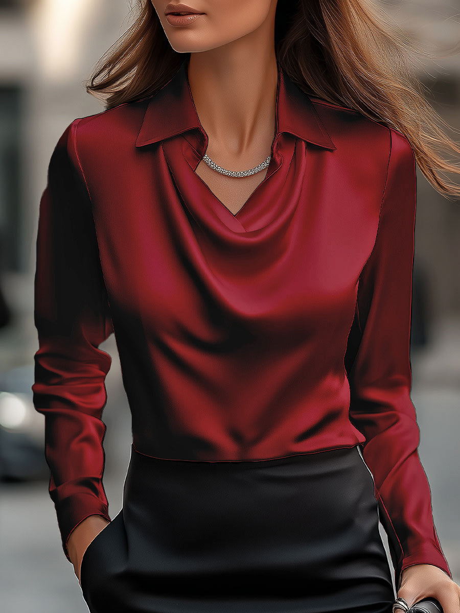 Lunara – Witte satijnen blouse met watervalhals voor dames