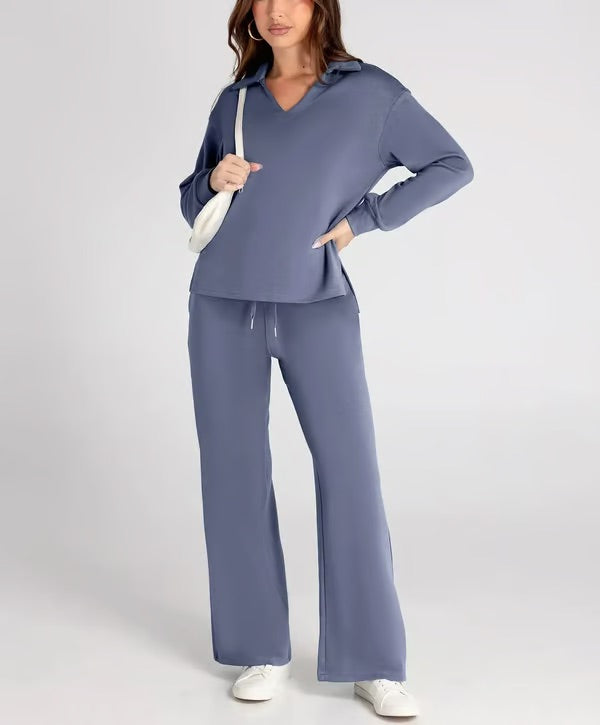 Nerina Set – Dames Tweedelige Lounge Set met V-hals Sweater en Wijde Broek