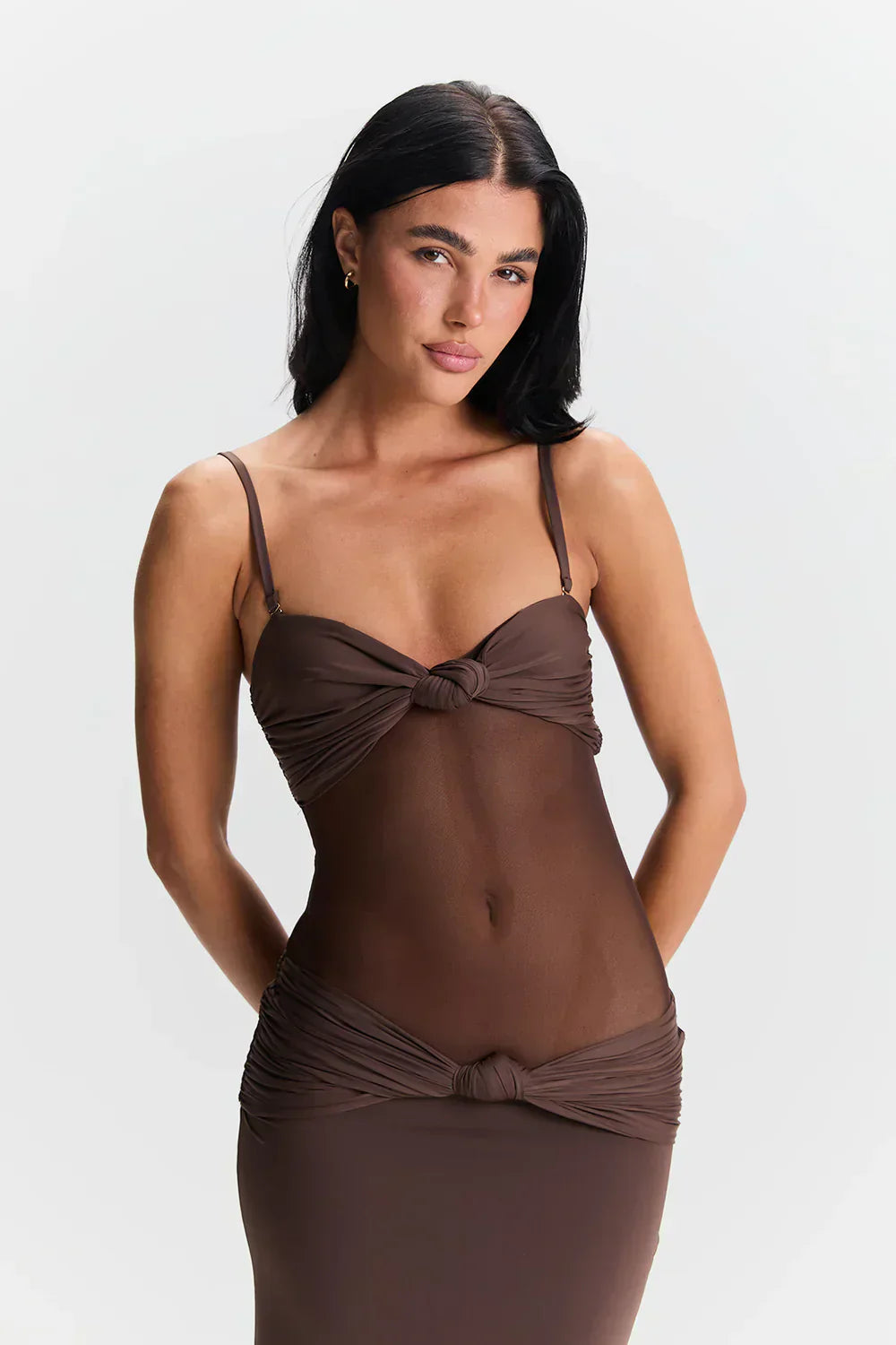 Dames mesh maxi jurk met plooien – 2-in-1 strapless of met bandjes