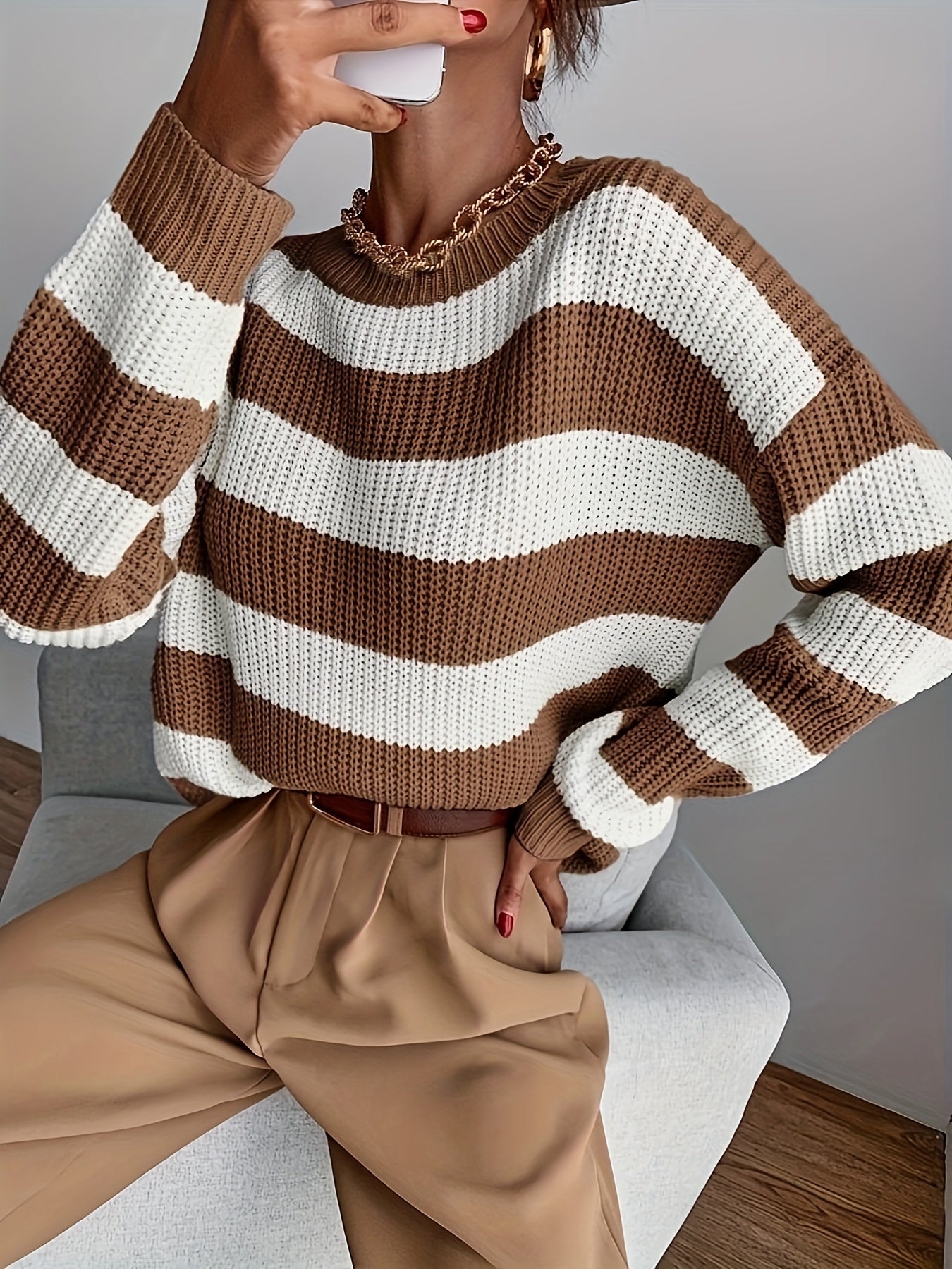 Lina Gebreide Trui met Kleurblokken – Warm, Trendy & Comfortabel