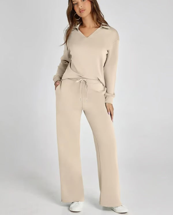 Nerina Set – Dames Tweedelige Lounge Set met V-hals Sweater en Wijde Broek