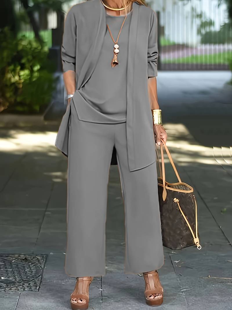 Dames 3-Delige Set met Cardigan, Top en Broek – Comfortabel & Stijlvol