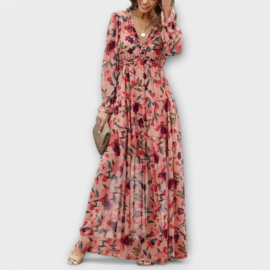 Dames maxi jurk met bloemenprint en V-hals