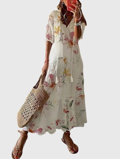 Dames boho maxi jurk met V-hals en vintage print