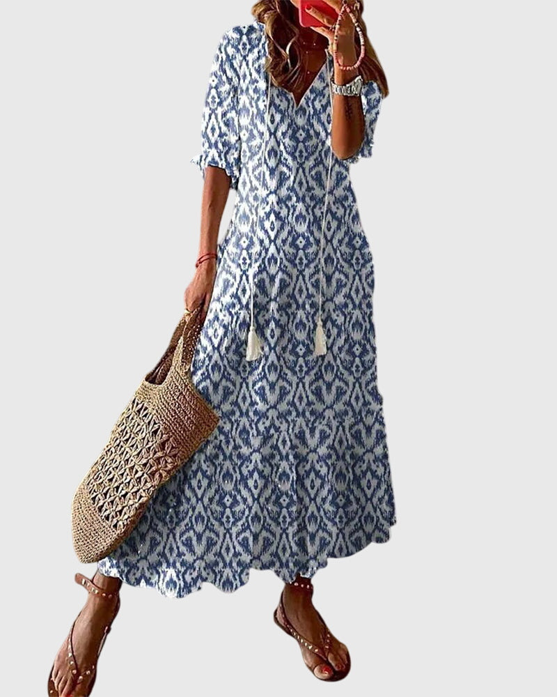 Dames boho maxi jurk met V-hals en vintage print