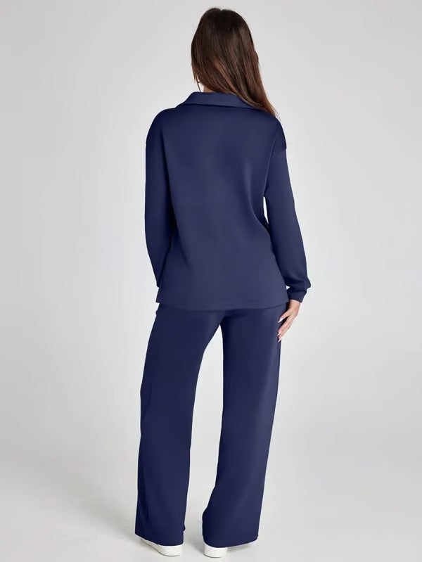Nerina Set – Dames Tweedelige Lounge Set met V-hals Sweater en Wijde Broek