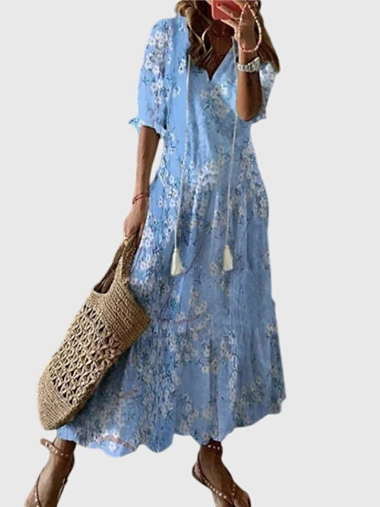Dames boho maxi jurk met V-hals en vintage print