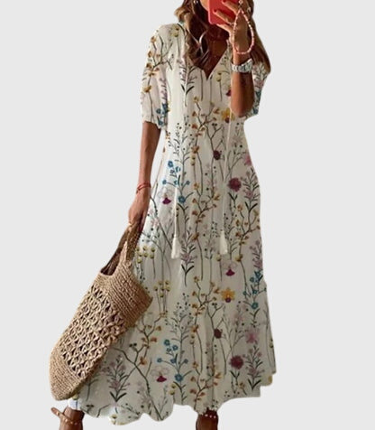 Dames boho maxi jurk met V-hals en vintage print