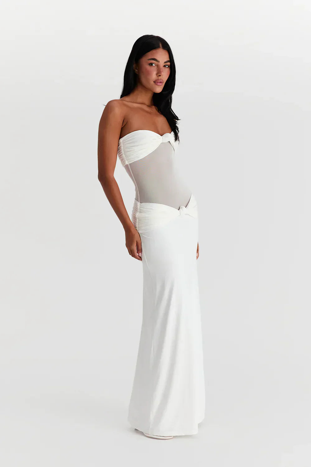Dames mesh maxi jurk met plooien – 2-in-1 strapless of met bandjes