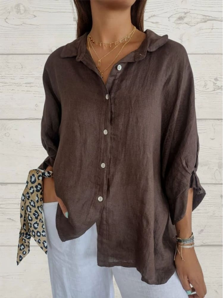 Elara - Elegante Lichtgrijze Linnen Damesblouse met Korte Mouwen en Relaxte Pasvorm