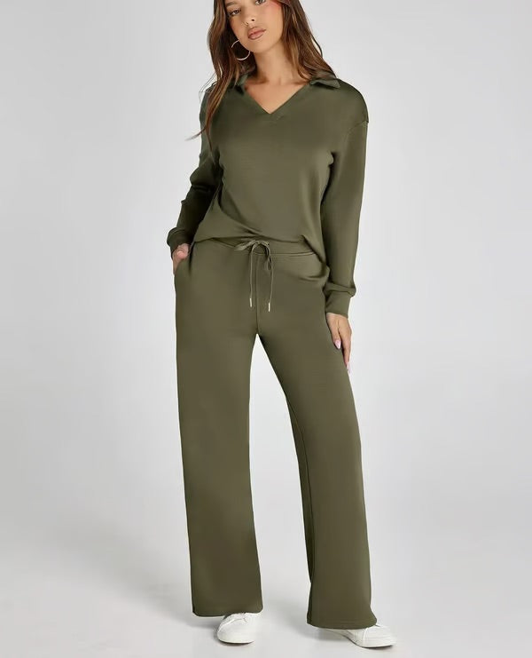 Nerina Set – Dames Tweedelige Lounge Set met V-hals Sweater en Wijde Broek