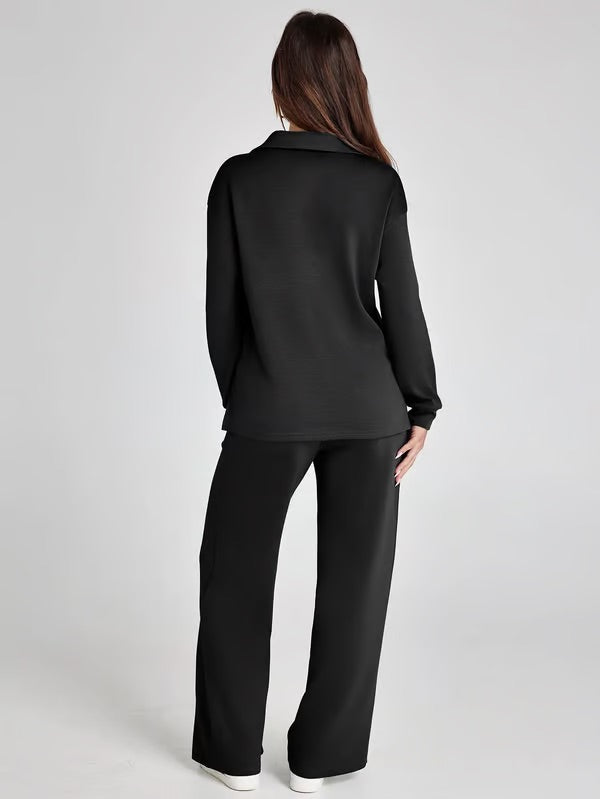 Nerina Set – Dames Tweedelige Lounge Set met V-hals Sweater en Wijde Broek