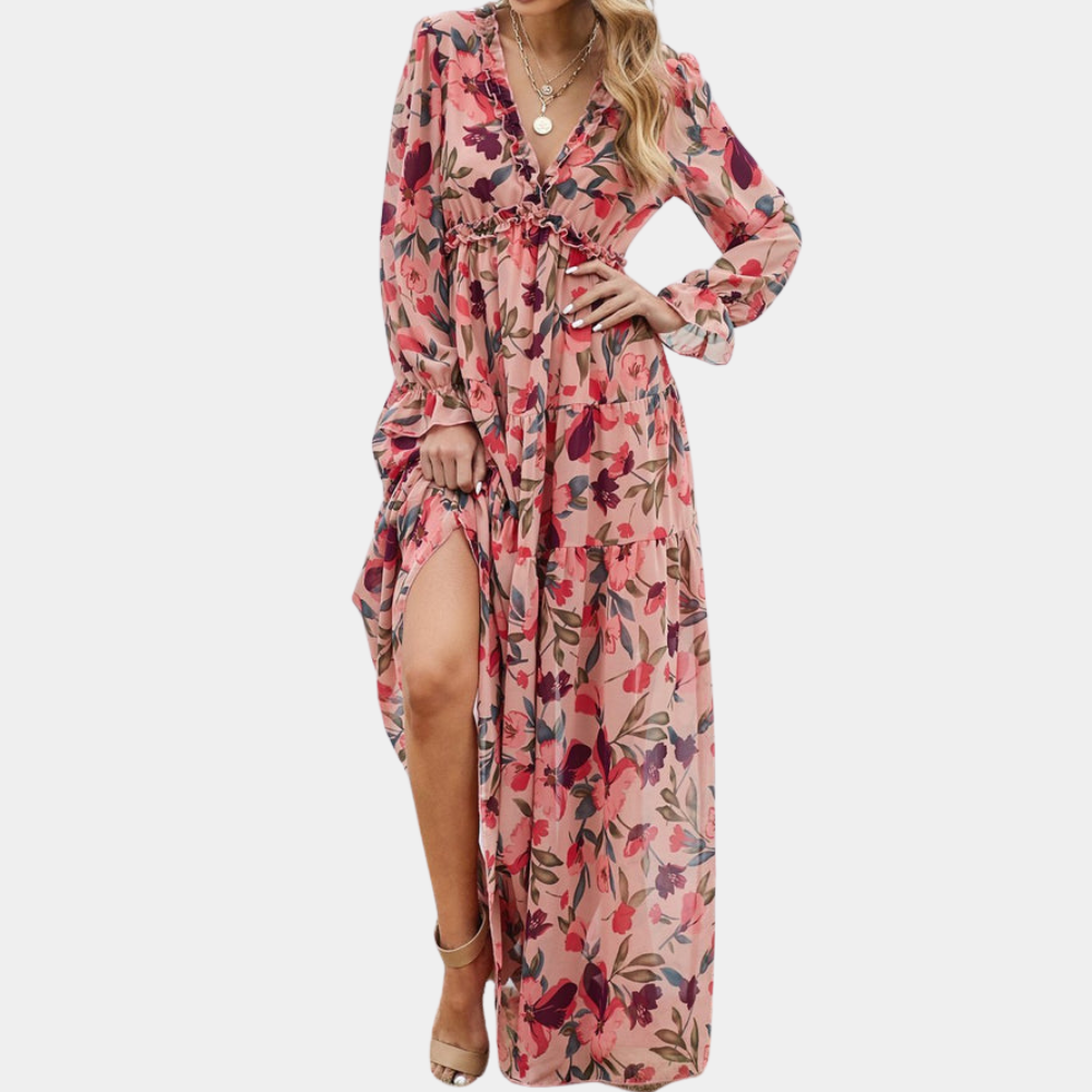 Florena – Lange Damesjurk met Bloemenprint en V-Hals
