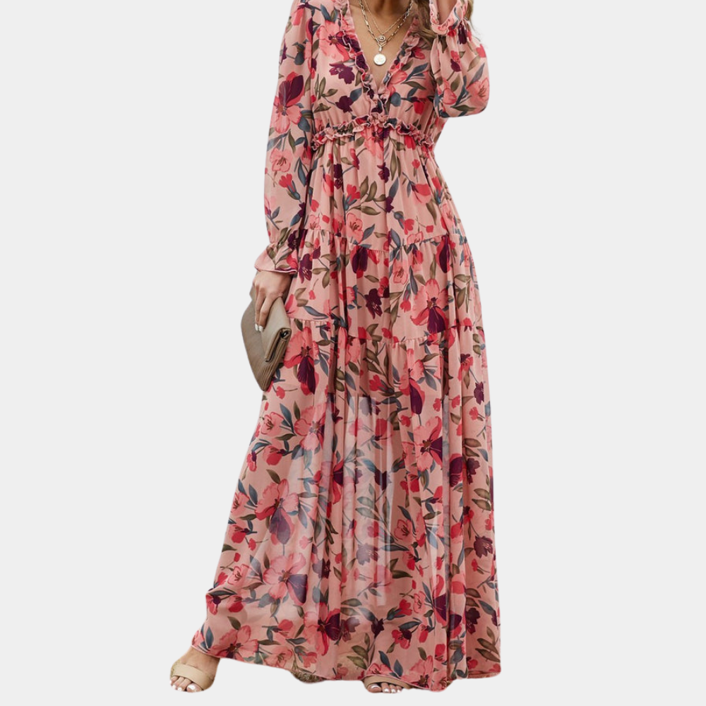 Florena – Lange Damesjurk met Bloemenprint en V-Hals