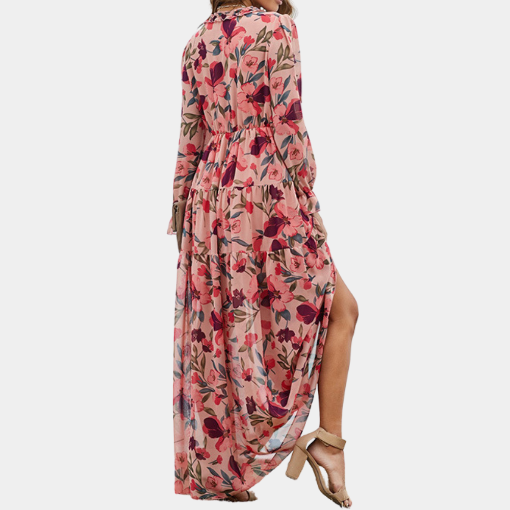Florena – Lange Damesjurk met Bloemenprint en V-Hals