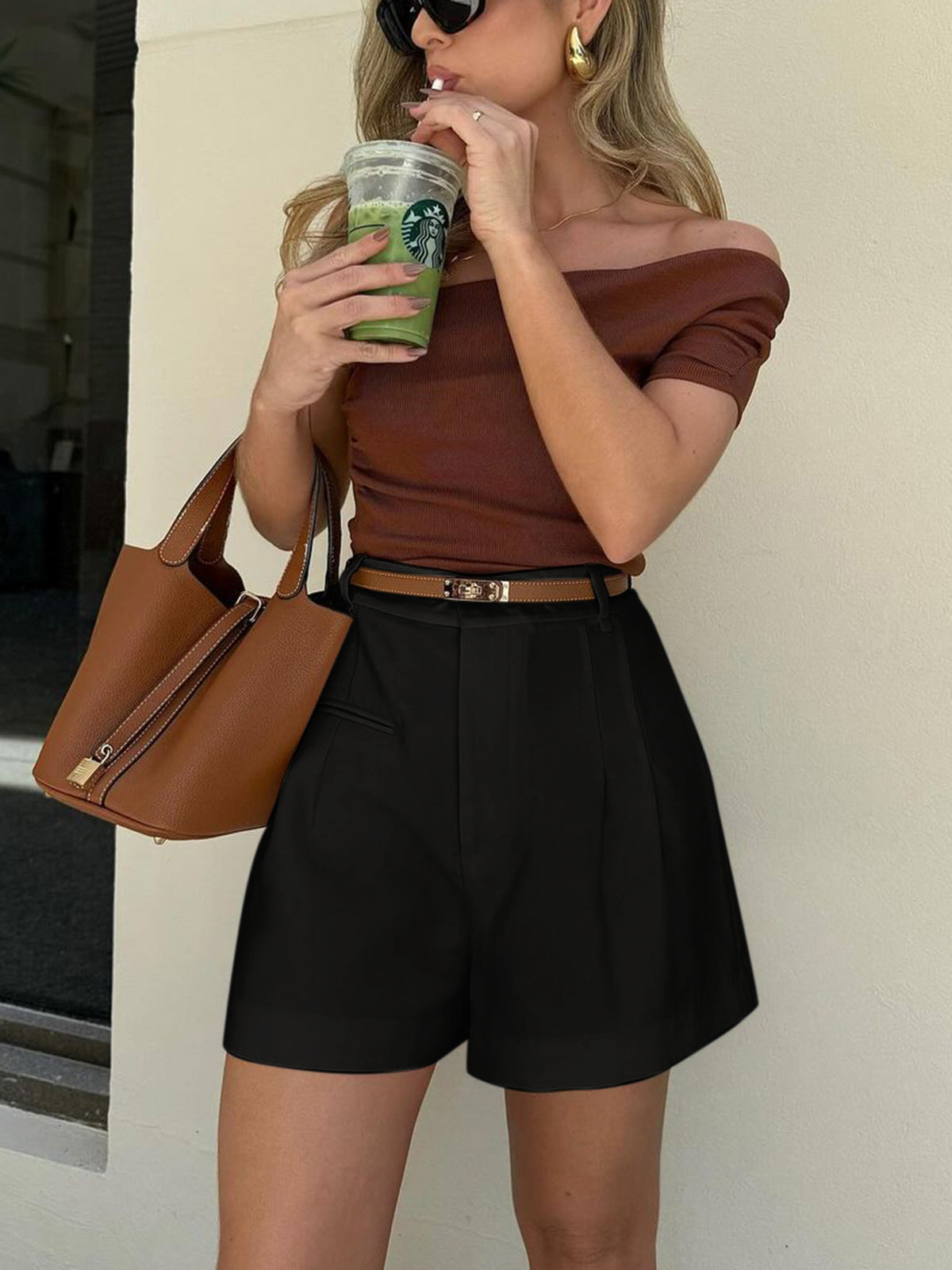 Dames korte broek met hoge taille – geweven stof, regular fit