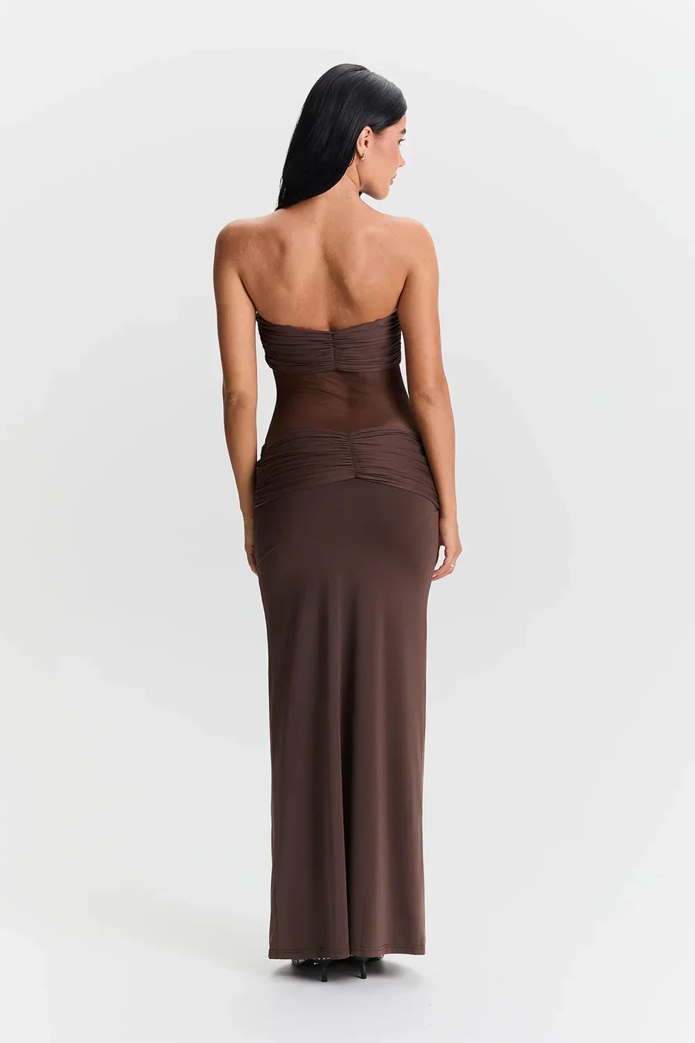 Dames mesh maxi jurk met plooien – 2-in-1 strapless of met bandjes