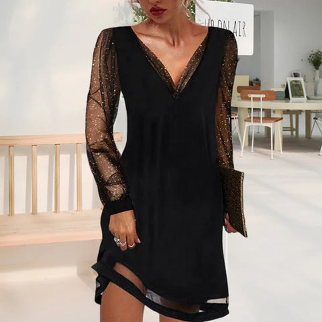 Evelisse – Elegante Damesjurk met Sprankelende Mouwen en V-Hals