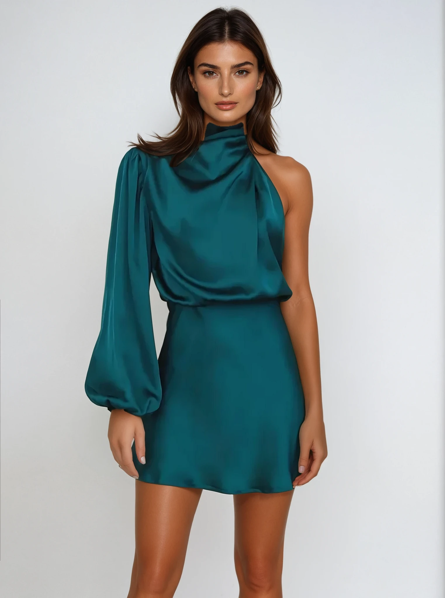 Asymmetrische Jurk Dames met Lange Pofmouw – Elegant & Modern
