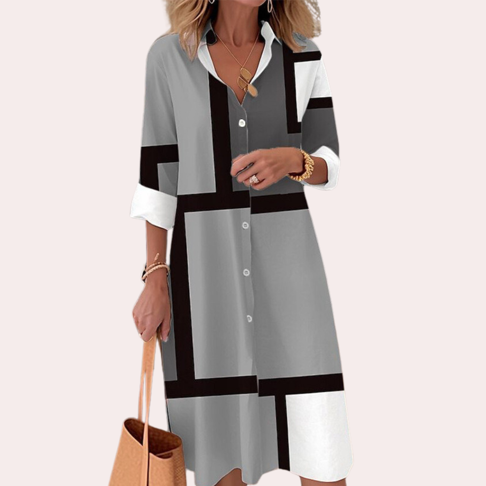 Solmara – Elegante midi-jurk met kraagdetail en verfijnde knoopsluiting