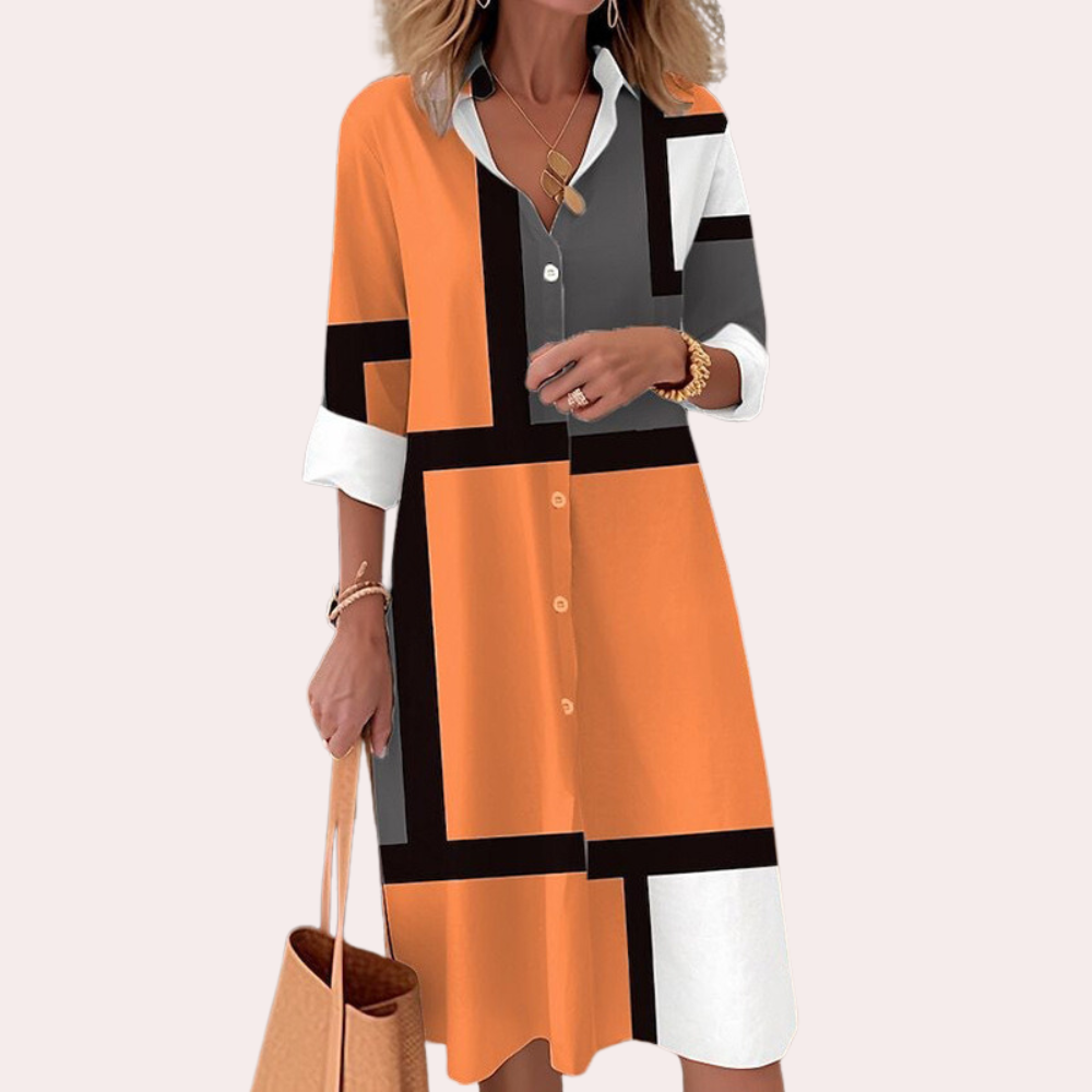 Solmara – Elegante midi-jurk met kraagdetail en verfijnde knoopsluiting