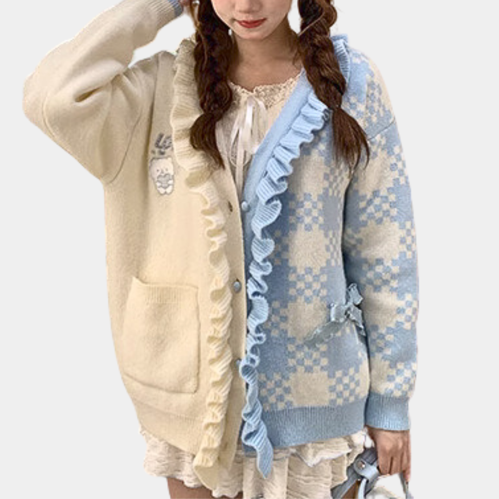 Elowen – Dames Cardigan met Ruitenprint en Patchwork Details