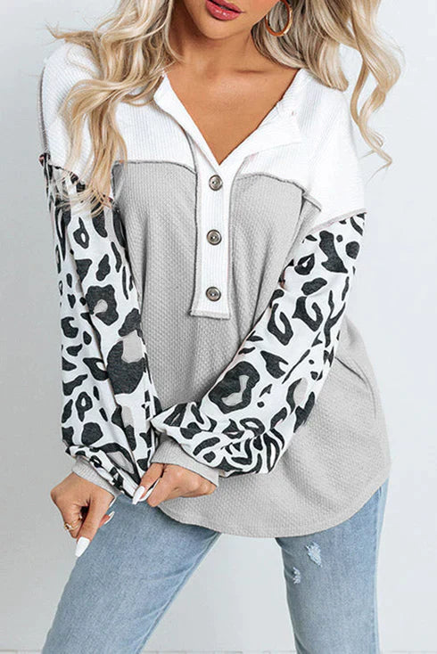Savrienne – Dames Patchwork Top met Luipaardmouwen, Casual & Trendy