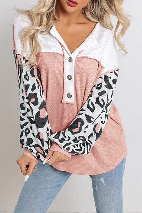 Savrienne – Dames Patchwork Top met Luipaardmouwen, Casual & Trendy
