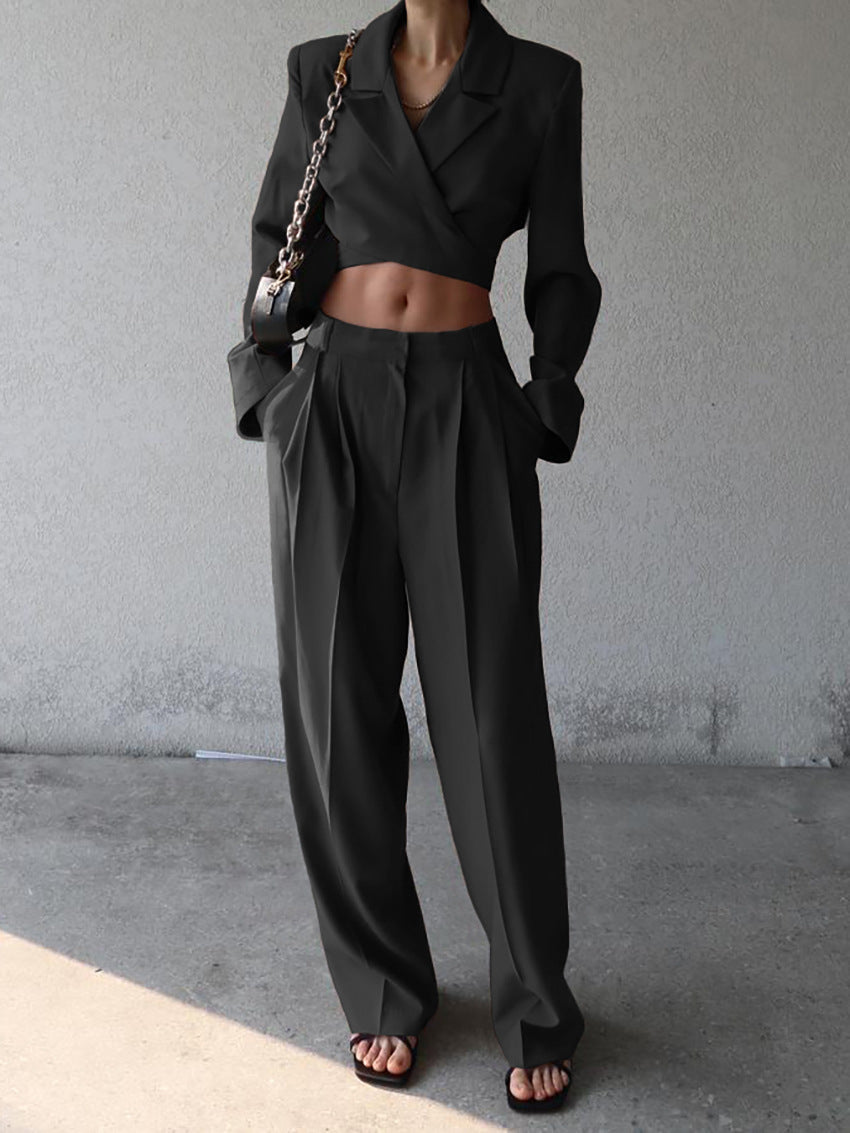 Dames zomer set met cropped blazer en wijde broek – high waist en elegant