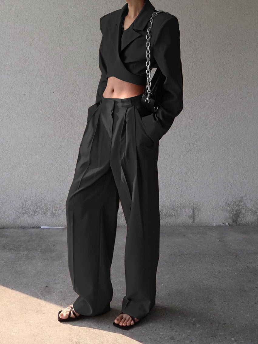 Dames zomer set met cropped blazer en wijde broek – high waist en elegant