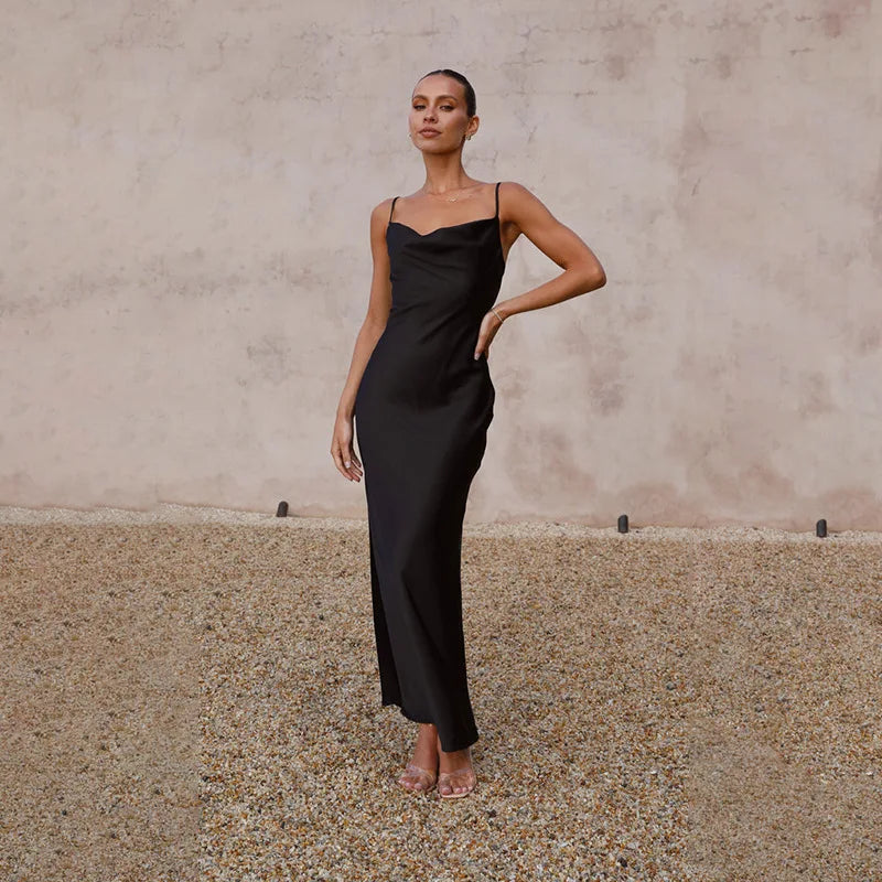 Satijnen maxi-jurk voor dames met open rug – elegant en feestelijk