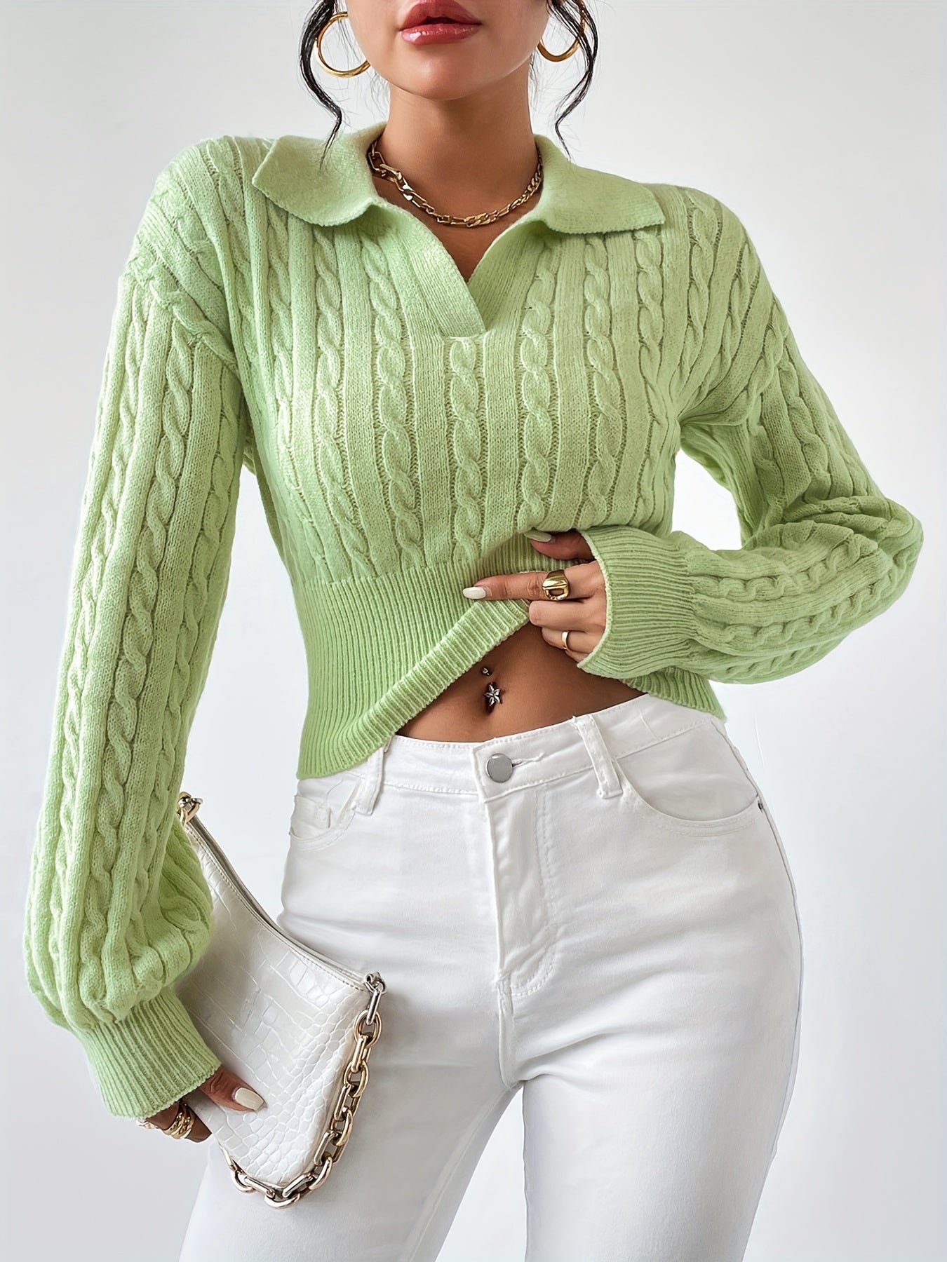 Elarise – Kabelgebreide Dames Top met Verfijnde Kraag