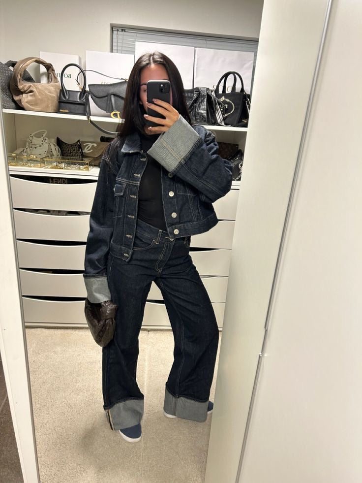 Averine – Denim Set met Blouse & Straight Leg Jeans, Trendy Double Denim