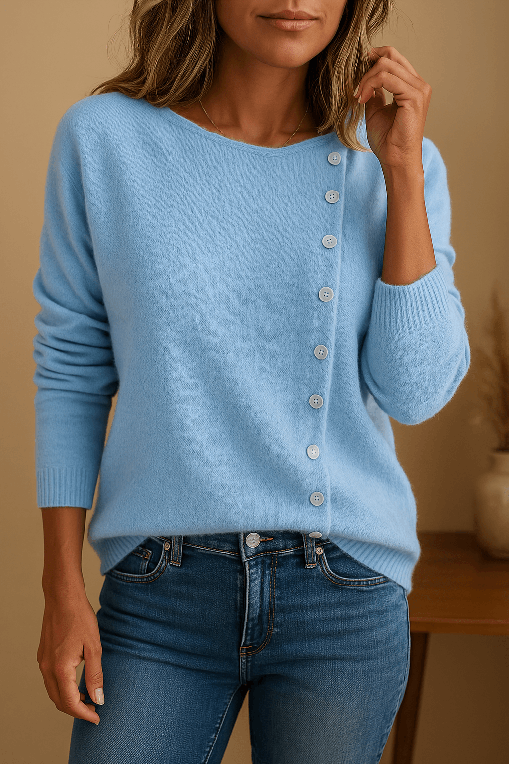 Amara – Gebreide Herfsttrui met Elegante Knopen en Tijdloze Warmte